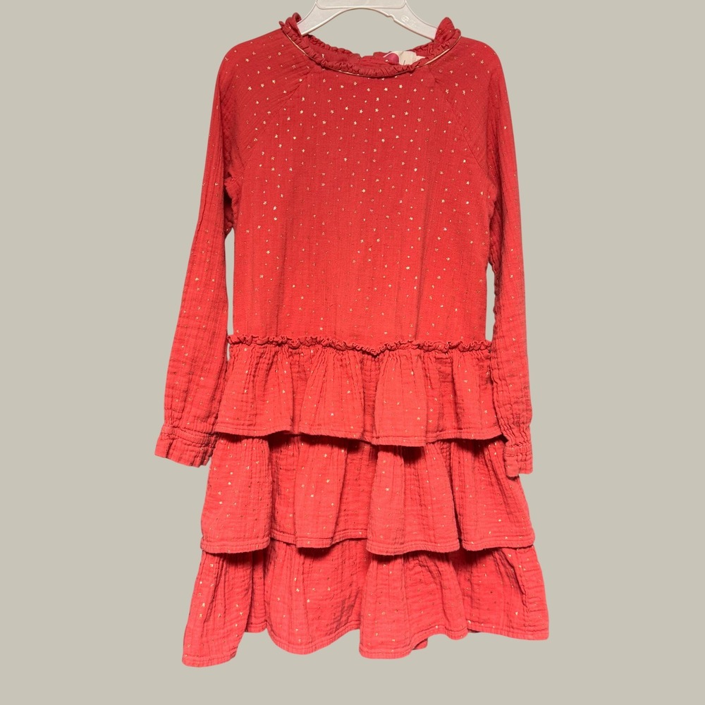 Mini Boden Girls Pink Gold Star Gauze Ruffle Tiered Dress 11-12Y G0824 Party